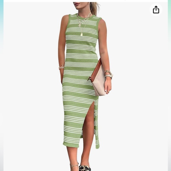 PRETTYGARDEN Womens Knit Side Slit Striped Long Tank Dress green - Picture 2 of 6